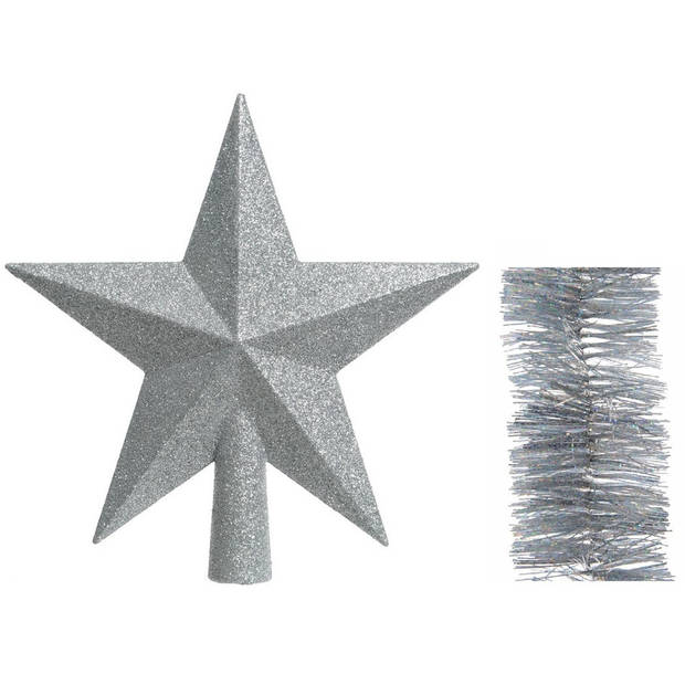 Kerstversiering kunststof glitter ster piek 19 cm en glitter slingers pakket zilver van 3x stuks - kerstboompieken