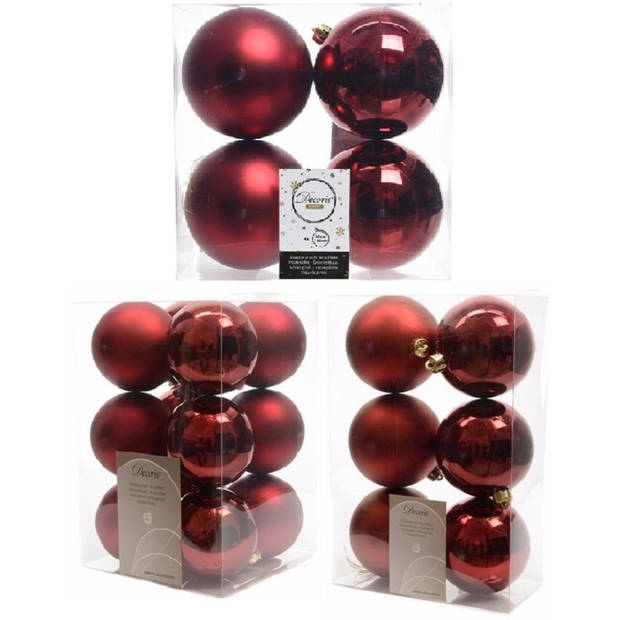 Kerstversiering kunststof kerstballen donkerrood 6-8-10 cm pakket van 22x stuks - Kerstbal