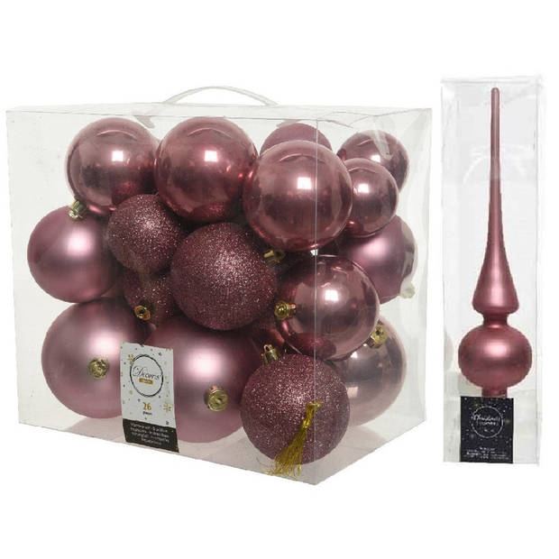 Kerstversiering kunststof kerstballen met piek oud roze 6-8-10 cm pakket van 27x stuks - Kerstbal