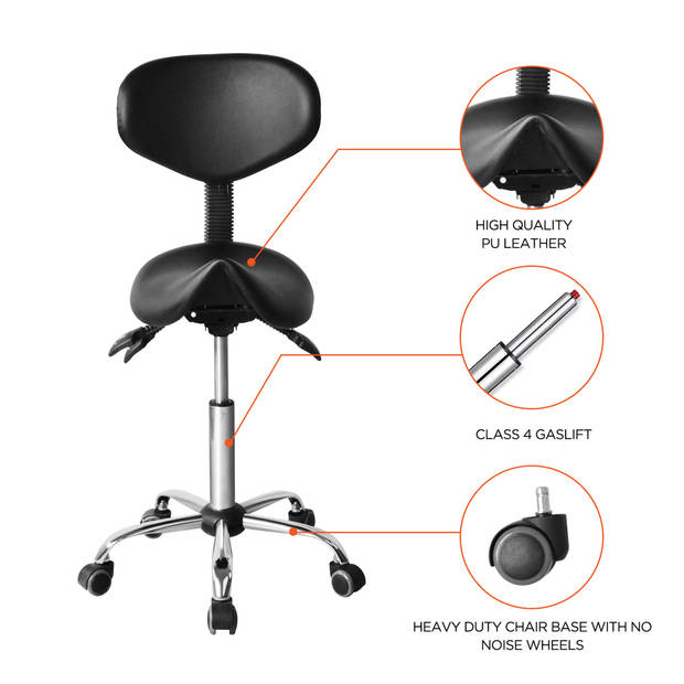 Zadelkruk ergonomisch - kapperskruk - tabouret - hoogte verstelbaar - rugleuning kantelbaar en verstelbaar