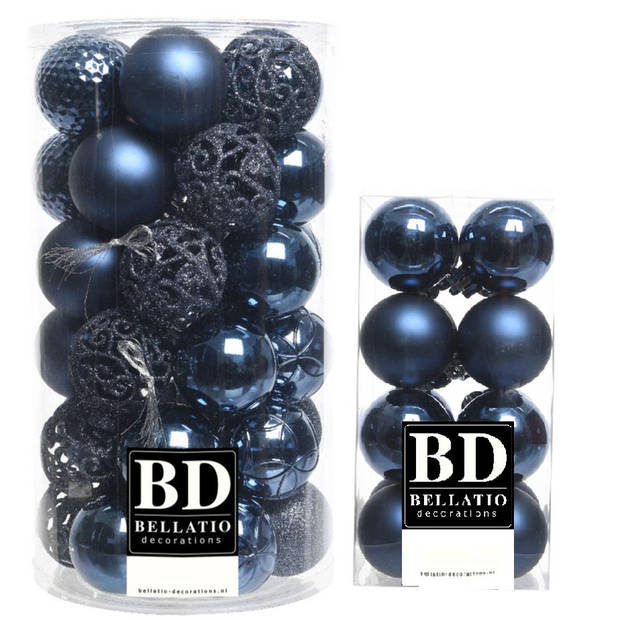 Kerstversiering kunststof kerstballen donkerblauw 4-6 cm pakket van 53x stuks - Kerstbal