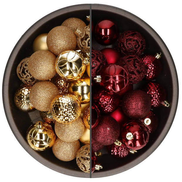 74x stuks kunststof kerstballen mix donkerrood en goud 6 cm - Kerstbal