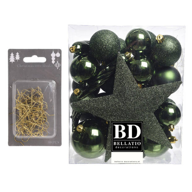 33x stuks kunststof kerstballen 5, 6 en 8 cm donkergroen inclusief ster piek en kerstbalhaakjes - Kerstbal