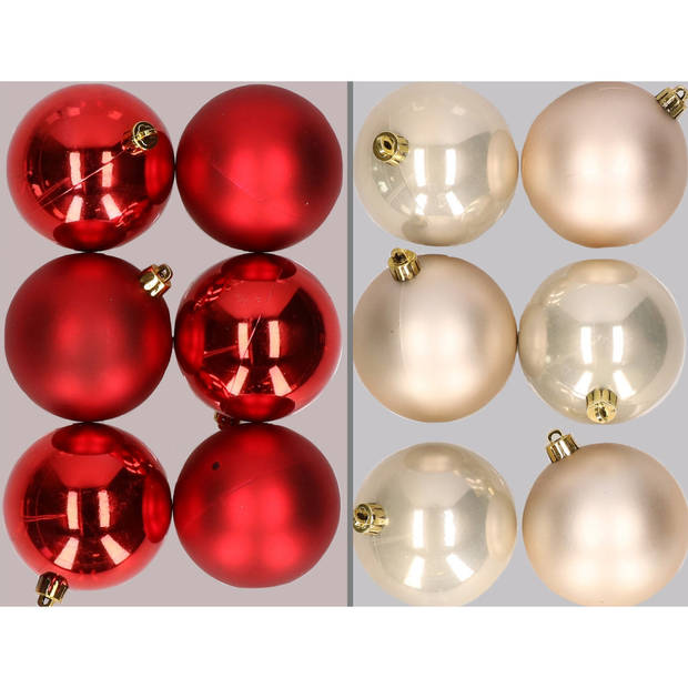 12x stuks kunststof kerstballen mix van rood en champagne 8 cm - Kerstbal