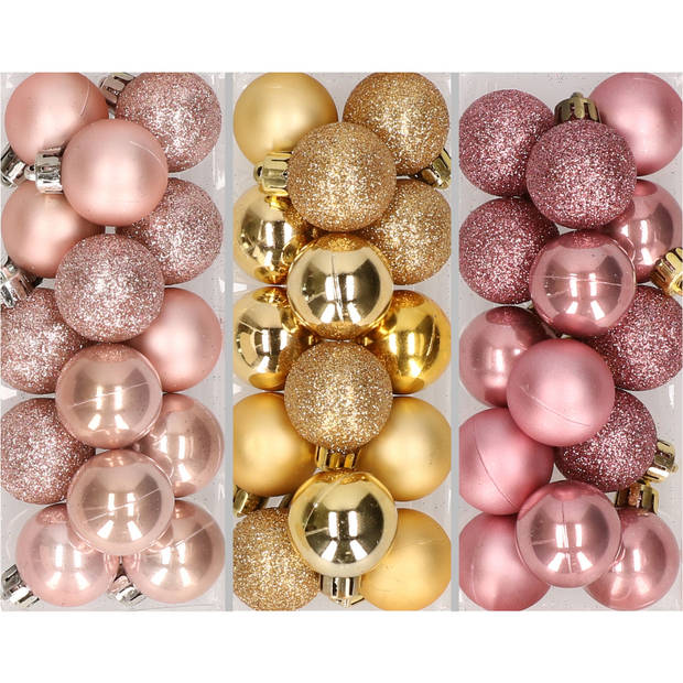42x Stuks kunststof kerstballen mix goud/lichtroze/oud roze 3 cm - Kerstbal