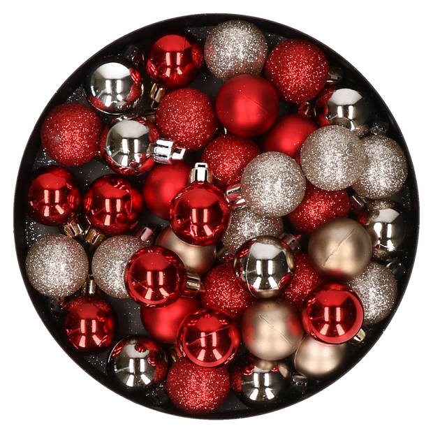 Kleine kunststof kerstversiering 40x stuks set en 3 cm kerstballen in het champagne en rood - Kerstbal