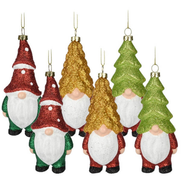 Kersthangers gnomes/dwergen - 6x st- 12,5cm -kunststof -kerstornament - Kersthangers