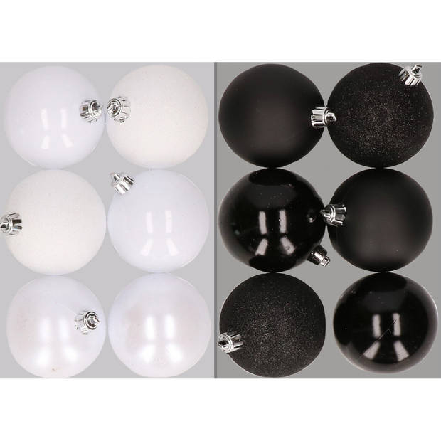 12x stuks kunststof kerstballen mix van wit en zwart 8 cm - Kerstbal