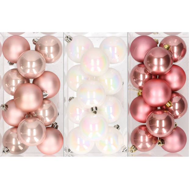 36x stuks kunststof kerstballen mix van lichtroze, parelmoer wit en oudroze 6 cm - Kerstbal