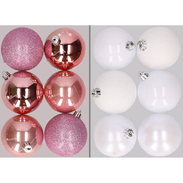 12x stuks kunststof kerstballen mix van roze en wit 8 cm - Kerstbal