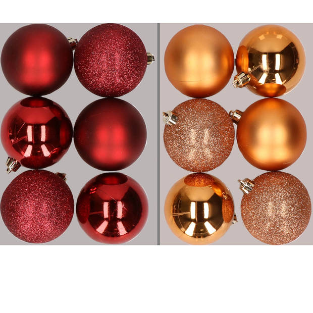 12x stuks kunststof kerstballen mix van donkerrood en koper 8 cm - Kerstbal