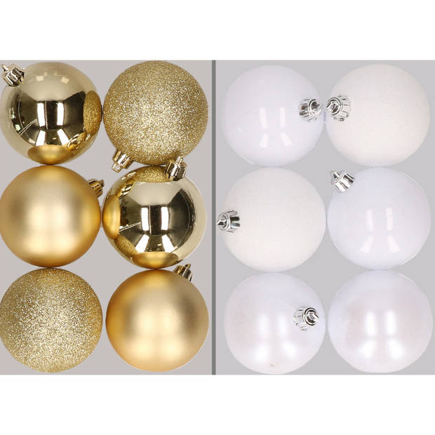 12x stuks kunststof kerstballen mix van goud en wit 8 cm - Kerstbal