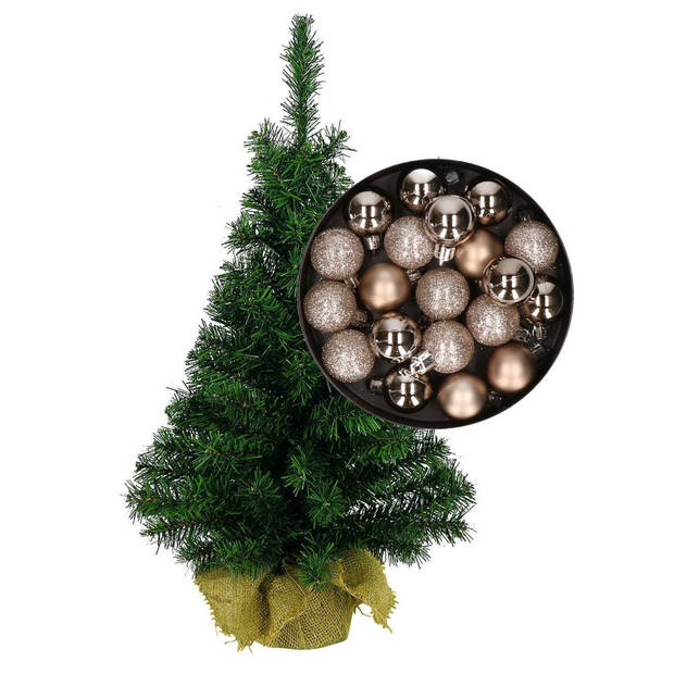 Mini kerstboom/kunst kerstboom H45 cm inclusief kerstballen champagne - Kunstkerstboom