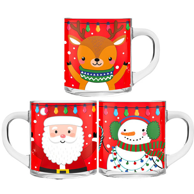 Kerst mokken/bekers - 3 stuks - glas - 300 ml - met kerstprint - 11 cm - Bekers