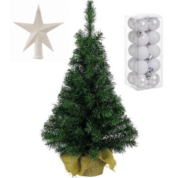 Volle kunst kerstboom 45 cm in jute zak inclusief witte versiering 21-delig - Kunstkerstboom