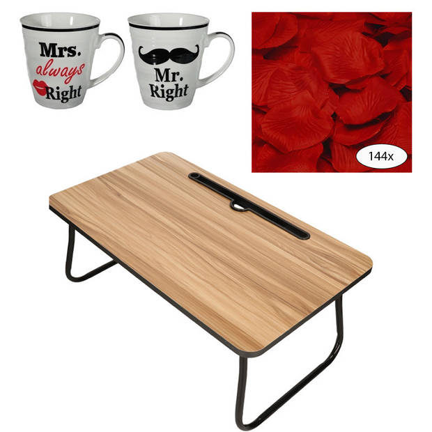 Bedtafel en Koffiebeker set - Mr Right en Mrs Always Right - Valentijn cadeautje voor hem / haar - Dienbladen