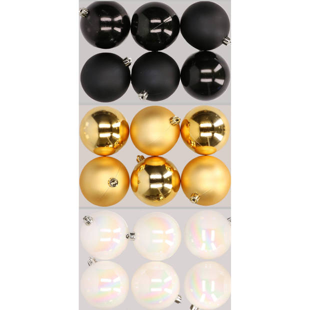 18x stuks kunststof kerstballen mix van zwart, parelmoer wit en goud 8 cm - Kerstbal