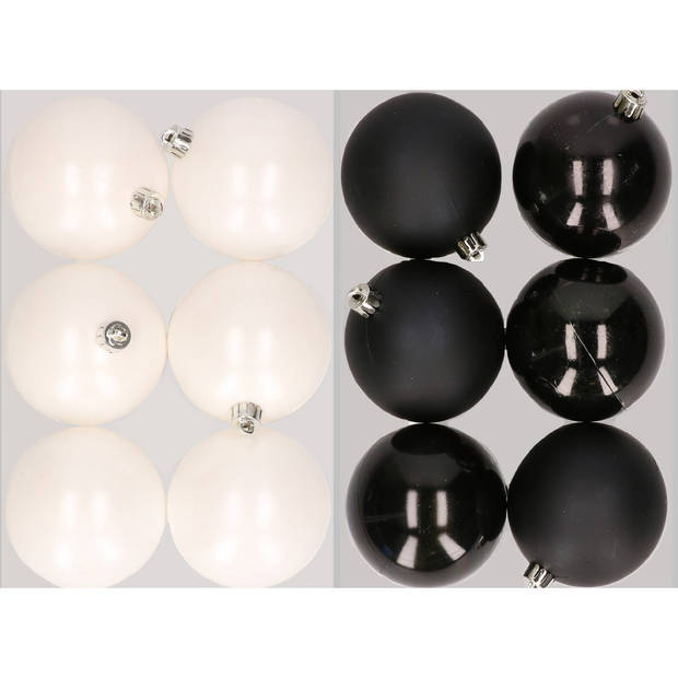 12x stuks kunststof kerstballen mix van winter wit en zwart 8 cm - Kerstbal