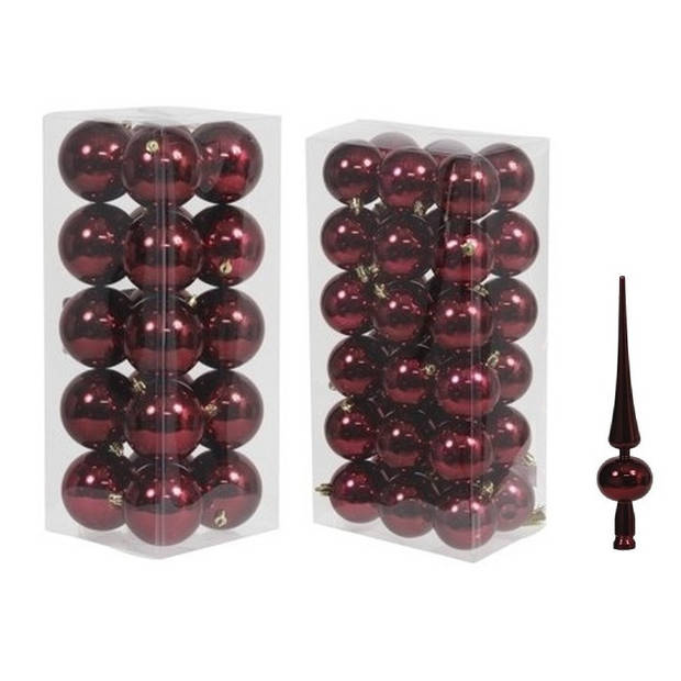 Kerstversiering kunststof kerstballen met piek bordeaux rood 6 en 8 cm pakket van 57x stuks - Kerstbal