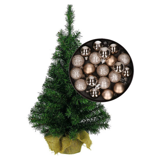 Mini kerstboom/kunst kerstboom H35 cm inclusief kerstballen champagne - Kunstkerstboom