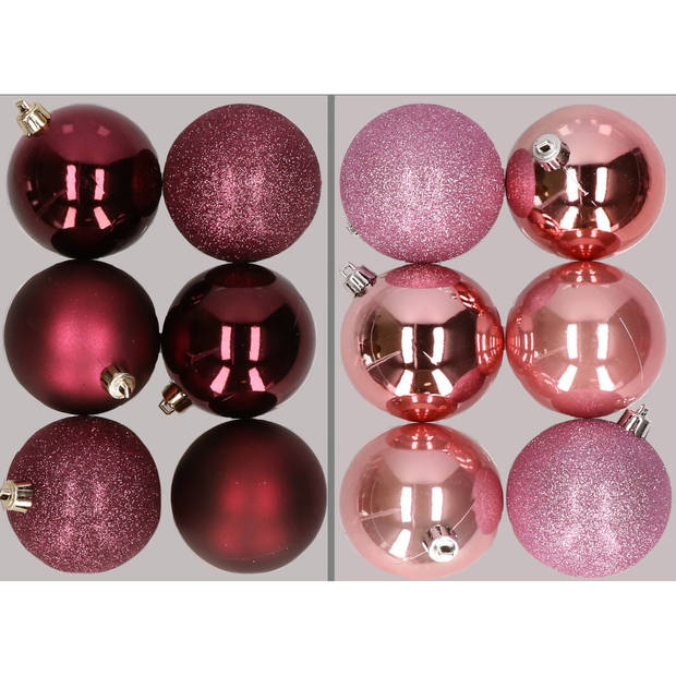 12x stuks kunststof kerstballen mix van aubergine en roze 8 cm - Kerstbal