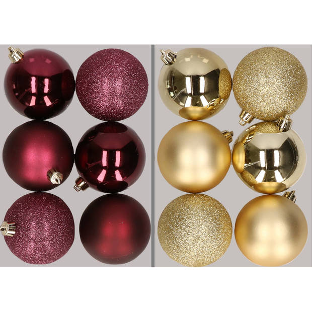 12x stuks kunststof kerstballen mix van aubergine en goud 8 cm - Kerstbal