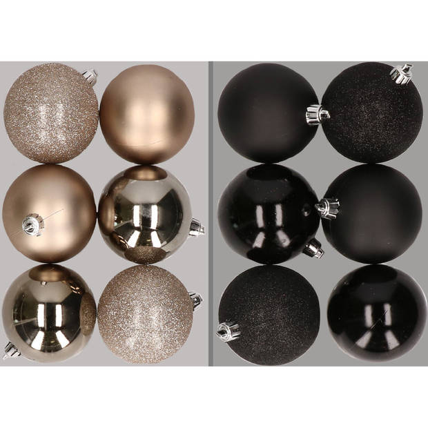 12x stuks kunststof kerstballen mix van champagne en zwart 8 cm - Kerstbal