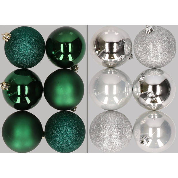 12x stuks kunststof kerstballen mix van donkergroen en zilver 8 cm - Kerstbal