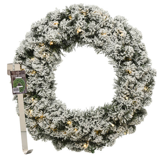 Kerstkrans 50 cm - groen met led - besneeuwd - met messing zilveren hanger/ophanghaak - Kerstkransen
