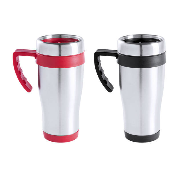 Warmhoudbekers/thermos isoleer koffiebekers/mokken - 2x stuks - RVS - zwart en rood - 450 ml - Thermosbeker