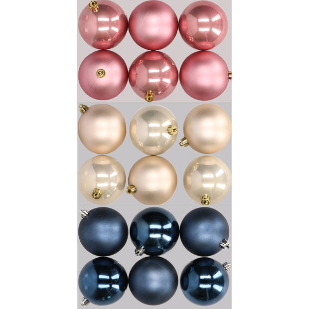 18x stuks kunststof kerstballen mix van donkerblauw, champagne en oudroze 8 cm - Kerstbal