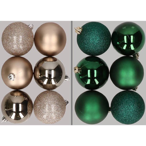 12x stuks kunststof kerstballen mix van champagne en donkergroen 8 cm - Kerstbal