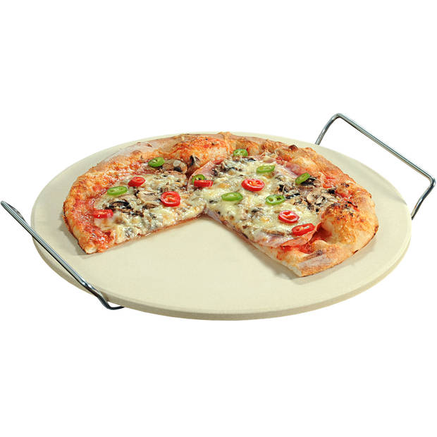 Keramieken pizzasteen rond 33 cm met handvaten en zwarte pizzaschaar - Pizzaplaten