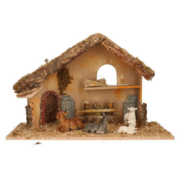 Complete kerststal met dieren beeldjes -H31 cm - hout/mos/polyresin - Kerststallen