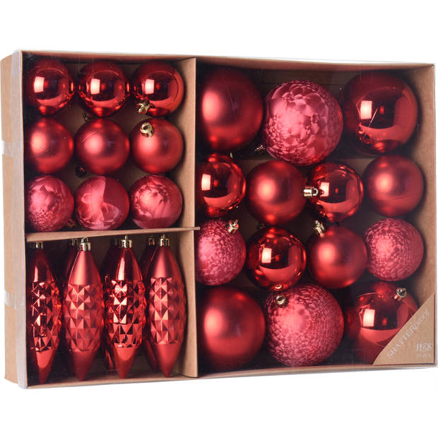 Kerstballen/ornamenten pakket 31x rood kunststof mix incl. 50x ophanghaakjes - Kerstbal