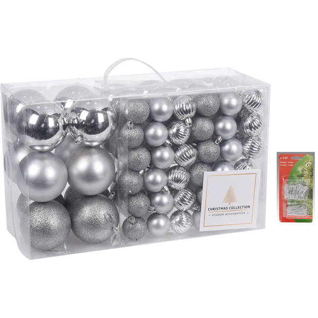 94-Delige kerstboomversiering kunststof kerstballen set zilver incl. 150x ophanghaakjes - Kerstbal
