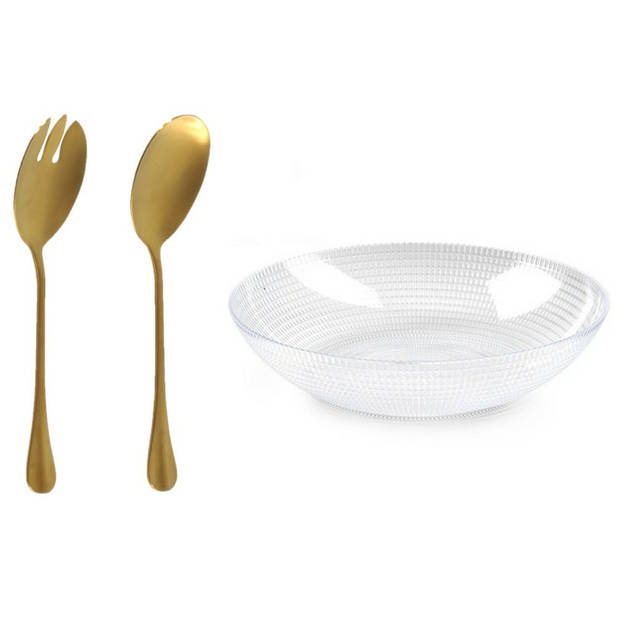 Plastic Forte Slakom/schaal met gouden slacouvert - Kunststof - D30 cm - Saladeschalen