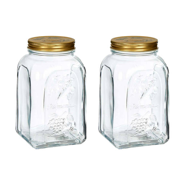 Pasabahce Voorraadpot/bewaarpot Square - 2x - glas - 1,5L - transparant/goud - D10 x H19 cm - voedsel bewaren - Voorraad