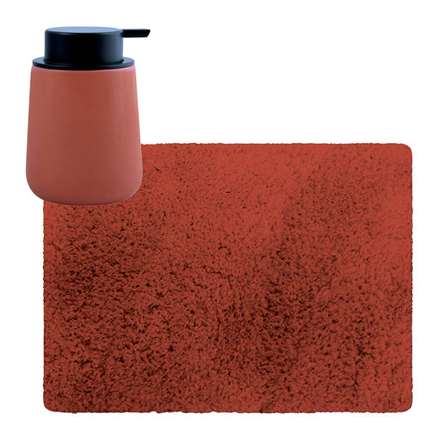 MSV badkamer droogloop tapijt - Langharig - 50 x 70 cm - incl zeeppompje zelfde kleur - terracotta - Badmatjes