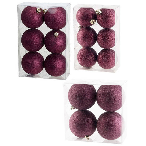 Kerstversiering set glitter kerstballen aubergine roze 6 - 8 -10 cm - pakket van 50x stuks - Kerstbal