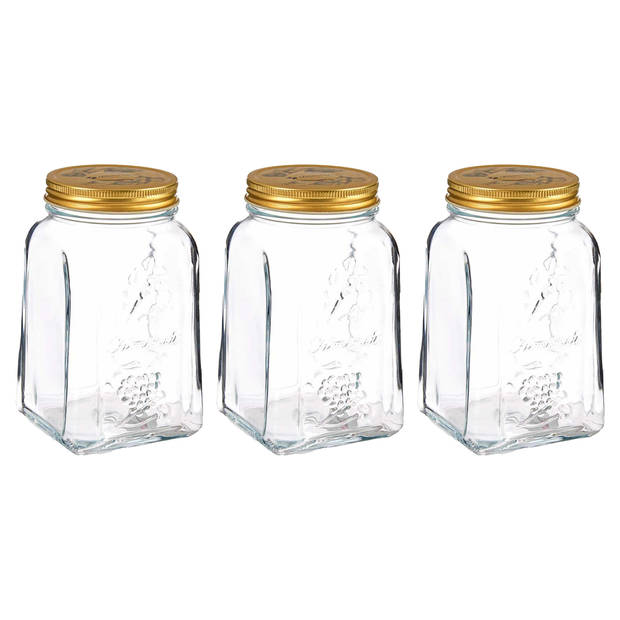 Pasabahce Voorraadpot/bewaarpot Square - 3x - glas - 1,5L - transparant/goud - D10 x H19 cm - voedsel bewaren - Voorraad