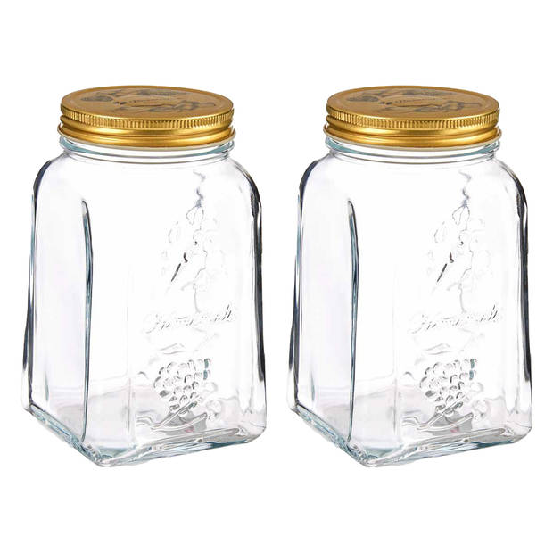 Pasabahce Voorraadpot/bewaarpot Square - 2x - glas - 1,5L - transparant/goud - D10 x H19 cm - voedsel bewaren - Voorraad