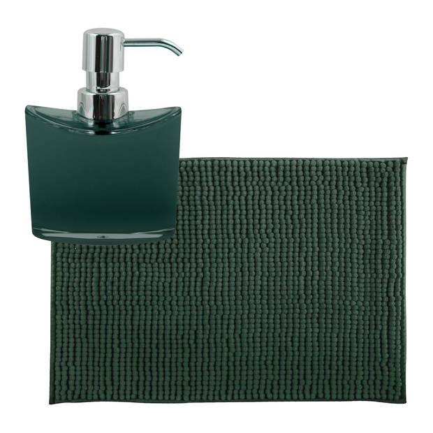 MSV badkamer droogloop mat/tapijtje - 40 x 60 cm - en zelfde kleur zeeppompje 260 ml - donkergroen - Badmatjes