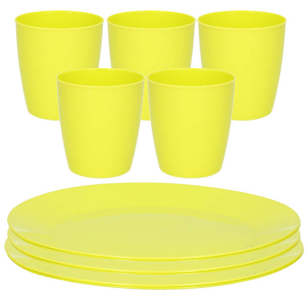 Kunststof ontbijt/diner 6x bordjes 26 cm en 5x bekertjes 300 ML set groen - Campingborden