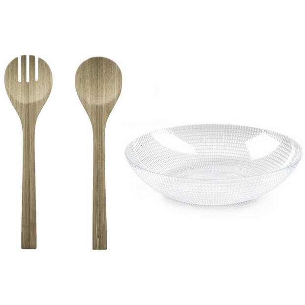 Plastic Forte Slakom/schaal met bamboe slacouvert - Kunststof - D30 cm - Saladeschalen