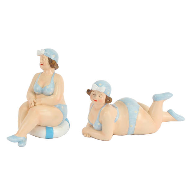 Woonkamer decoratie beeldjes set van 2 dikke dames - blauw badpak - 11 cm - Beeldjes