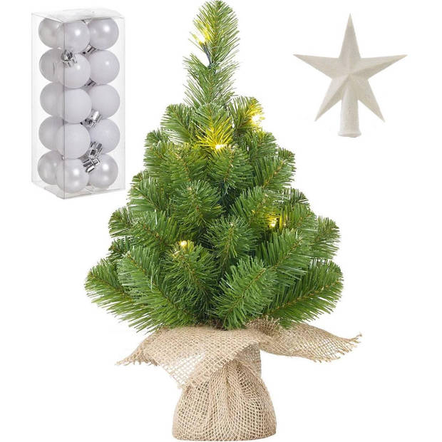 Kunst kerstboom met 10 LED lampjes 45 cm inclusief witte versiering 21-delig - Kunstkerstboom