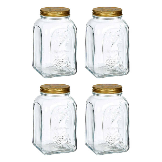 Pasabahce Voorraadpot/bewaarpot Square - 4x - glas - 1,5L - transparant/goud - D10 x H19 cm - voedsel bewaren - Voorraad