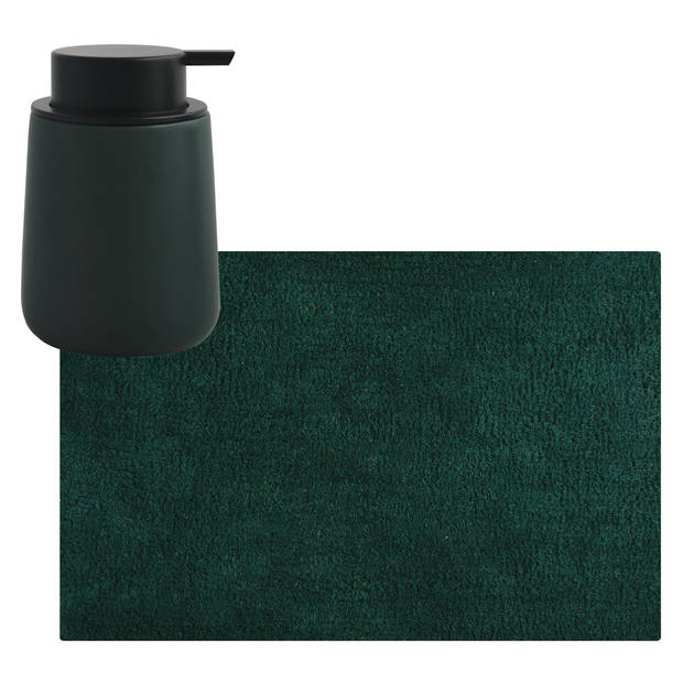 MSV badkamer droogloop mat/tapijt - 40 x 60 cm - met zelfde kleur zeeppompje 300 ml - donkergroen - Badmatjes