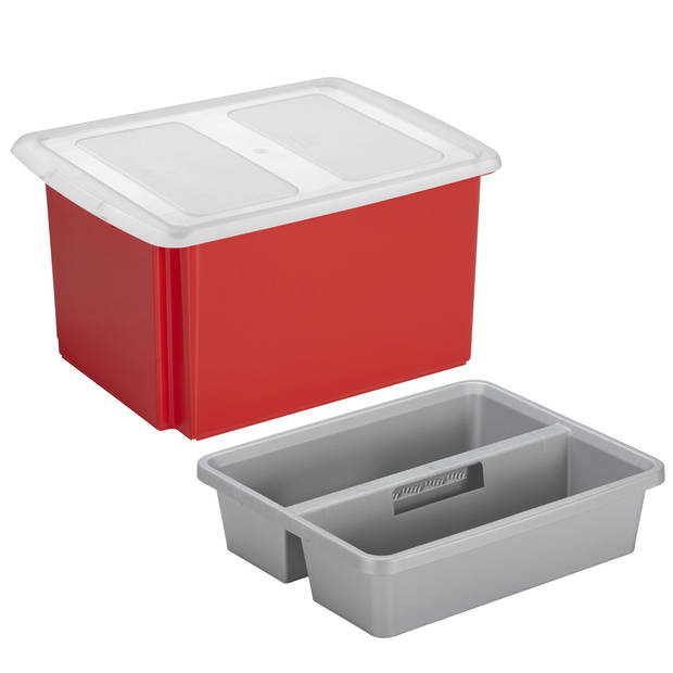 Sunware opslagbox kunststof 32 liter rood 45 x 36 x 24 cm met deksel en organiser tray - Opbergbox